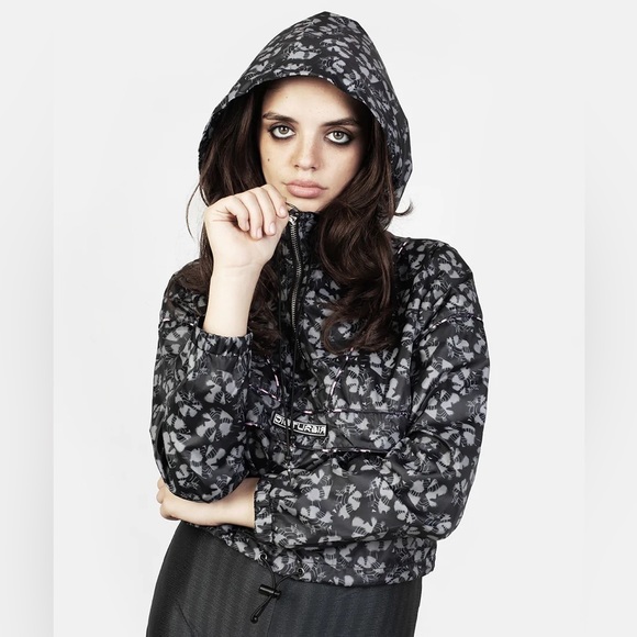 Disturbia Jackets & Blazers - DISTURBIA Electra Crop Anorak Windbreaker Hoodie Jacket Black Gray UK 16 / US 12